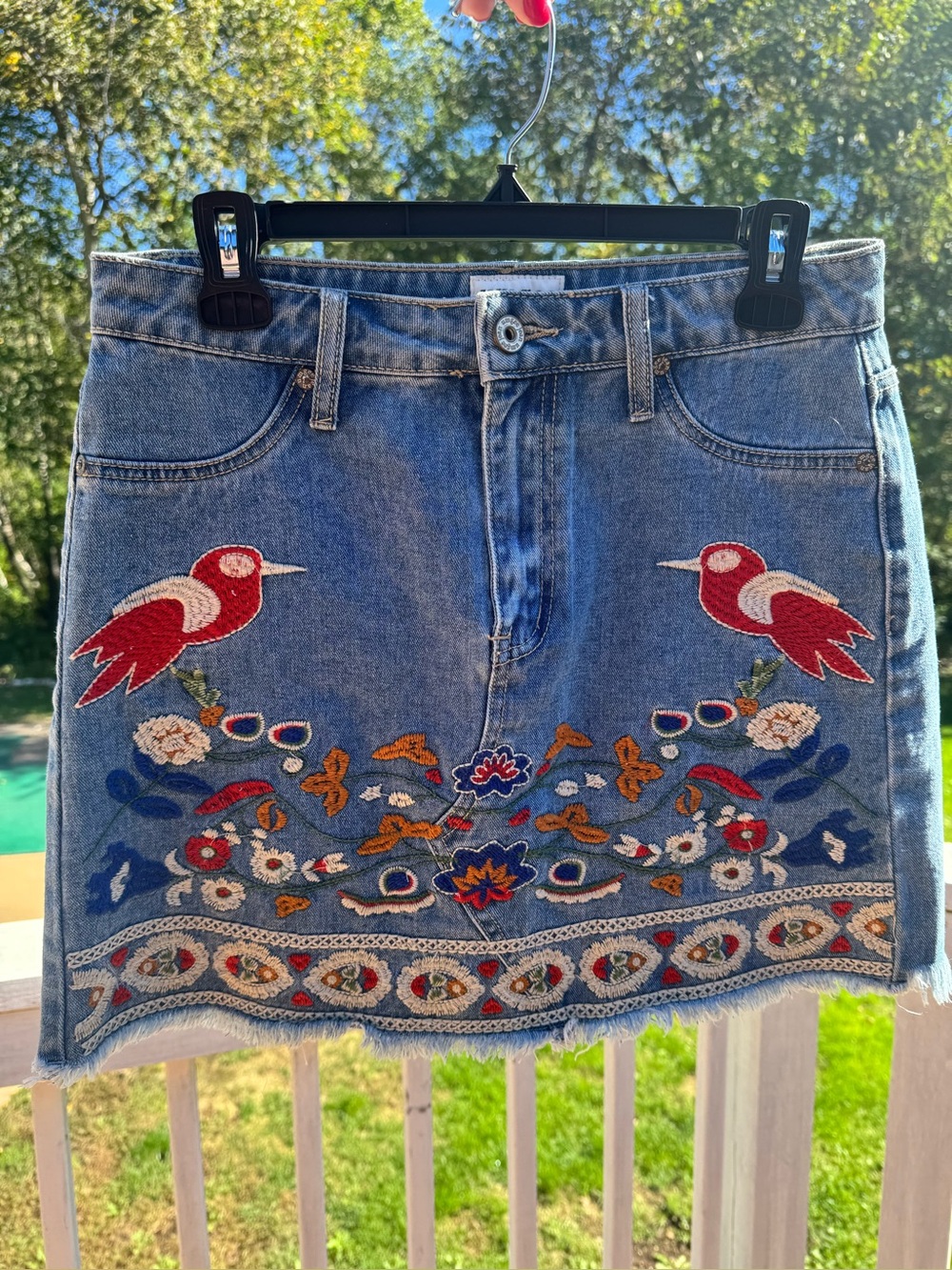 Umgee gypsy Jean Skirt Red Bird Embroidery boho medium